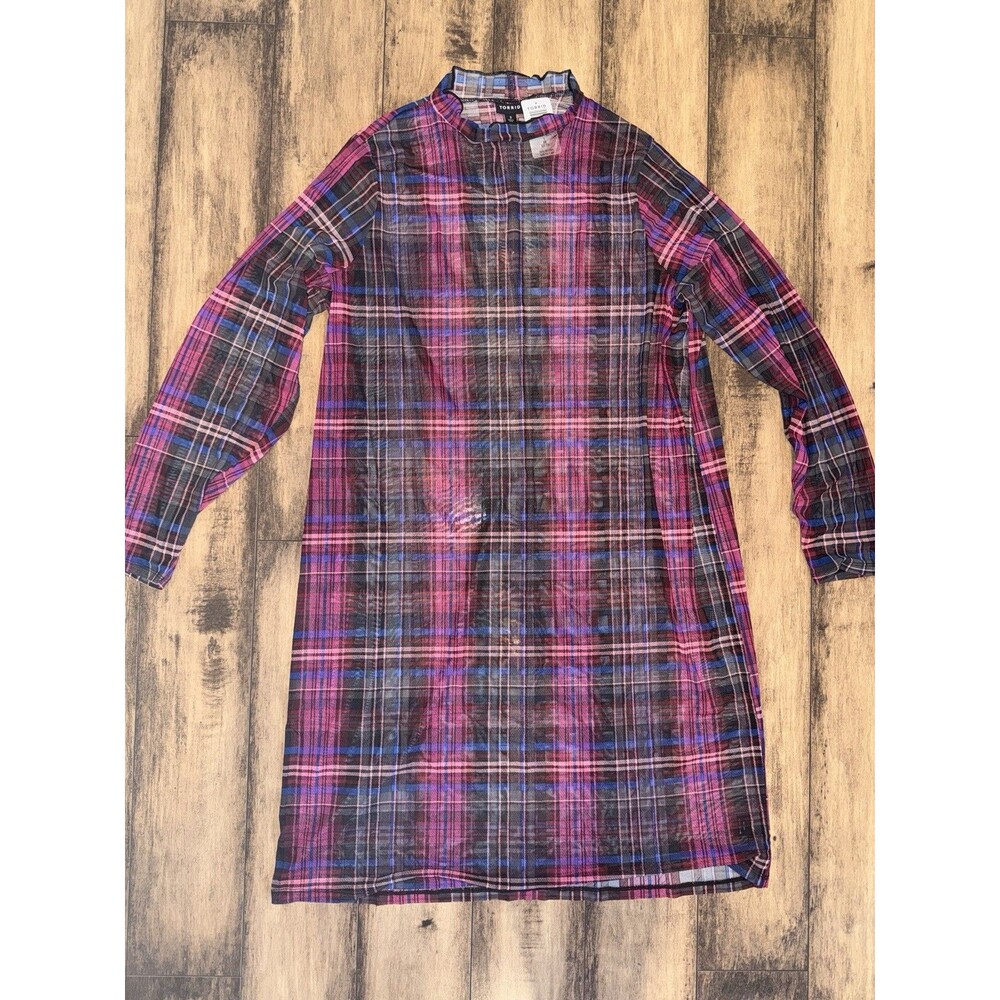 Torrid Mini Mesh Mock Neck Dress Size 3X Long Sleeve Pink Green Plaid Long Slv